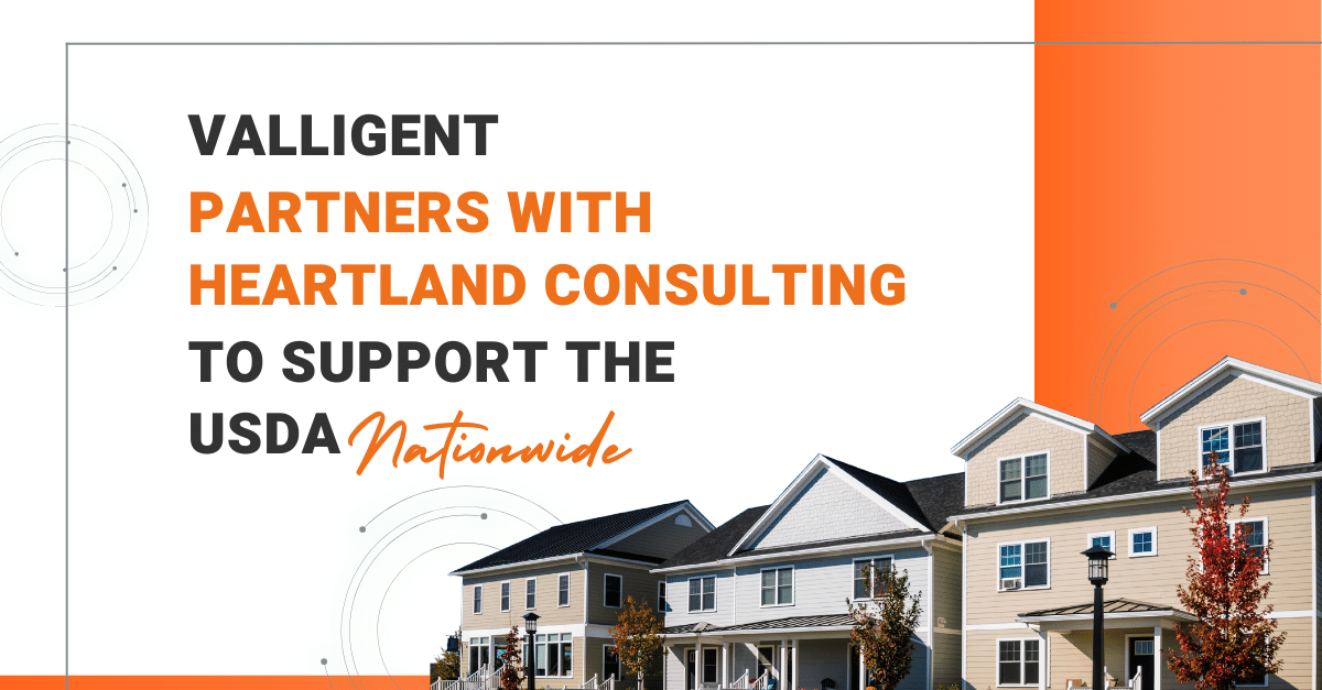 Banner of houses with title: Valligent Partners with Heartland Consulting to Support the USDA Nationwide